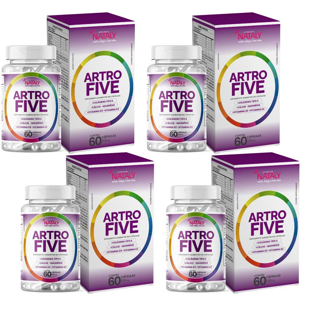 KIT COM 4 - ARTROFIVE COLáGENO TIPO 2 + MAGNéSIO E VITAMINAS 60 CAPSULAS DE 500MG NATALY