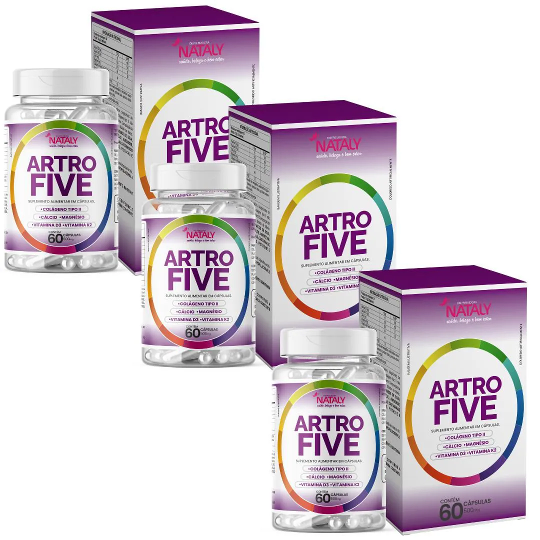 KIT COM 3 - ARTROFIVE COLáGENO TIPO 2 + MAGNéSIO 60 CAPSULAS DE 500MG NATALY