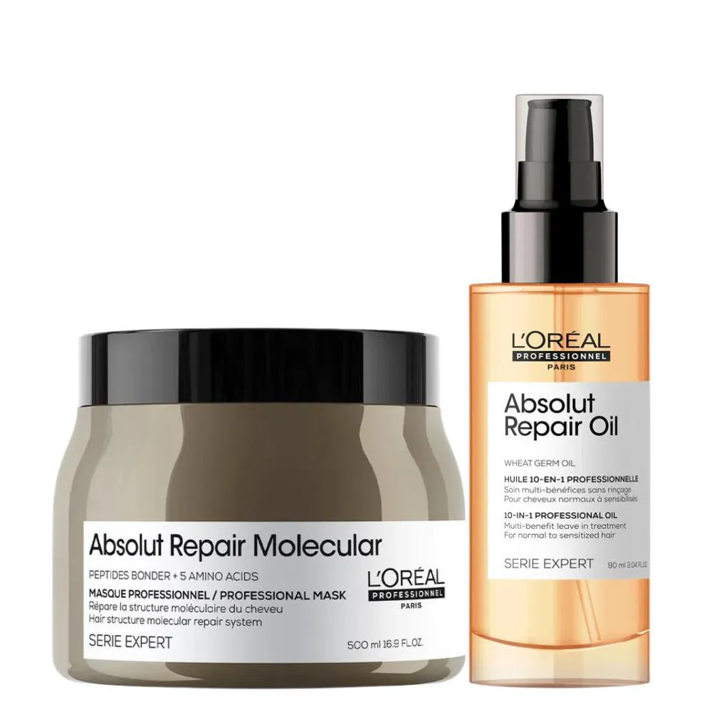 KIT L&#039ORéAL PROFESSIONNEL ABSOLUT REPAIR  MáSCARA CAPILAR MOLECULAR 500G + ÓLEO 10 EM 1 90ML