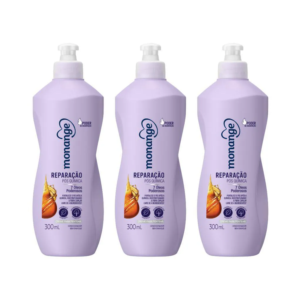 CREME PARA PENTEAR MONANGE 300ML REPARAçãO PóS QUíMICA - 3UN