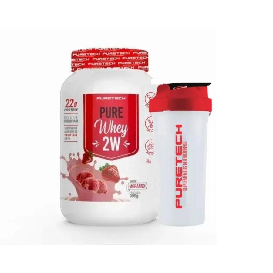 COMBO WHEY PURE 2W 900G MORANGO + COQUETELEIRA - PURETECH