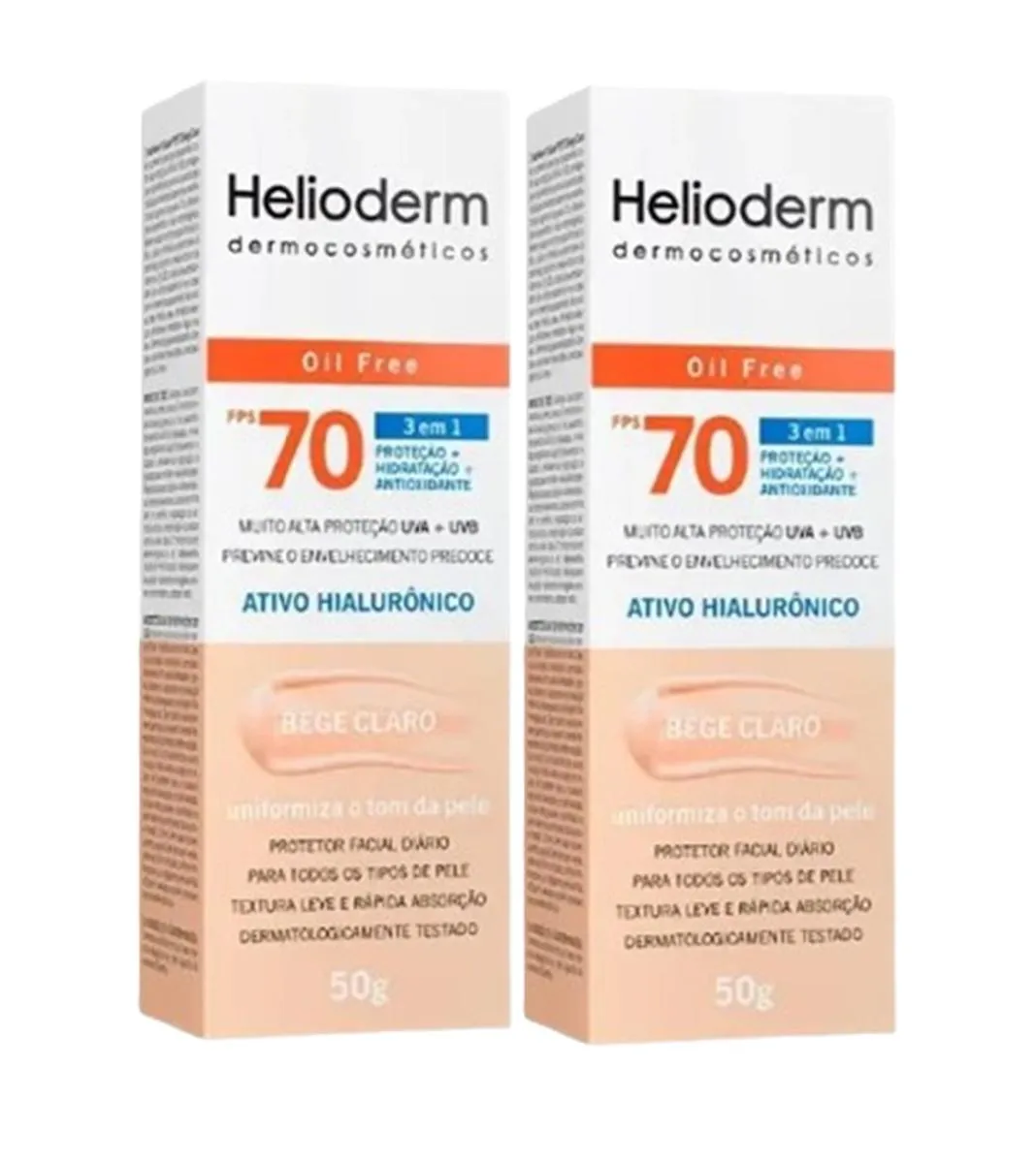 KIT 2 PROTETOR SOLAR HELIODERM FACIAL FPS70 50G BEGE CLARO