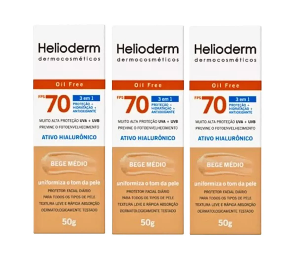 KIT 3 PROTETOR SOLAR HELIODERM FACIAL FP70 50G BEGE MéDIO