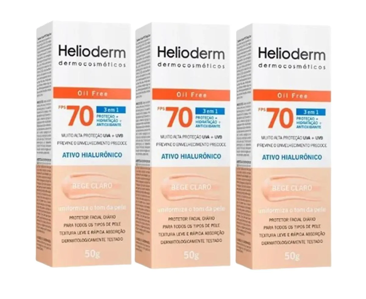 KIT 3 PROTETOR SOLAR HELIODERM FACIAL FPS70 50G BEGE CLARO