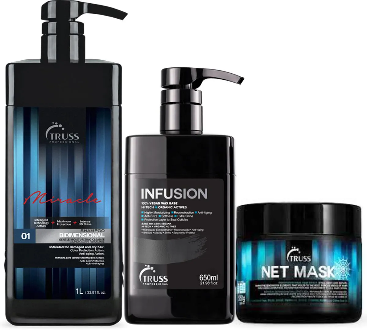 TRUSS BIDIMENSONAL SHAMPOO 1L +  NET MASK MáSCARA 550G + INFUSION CERA 650ML