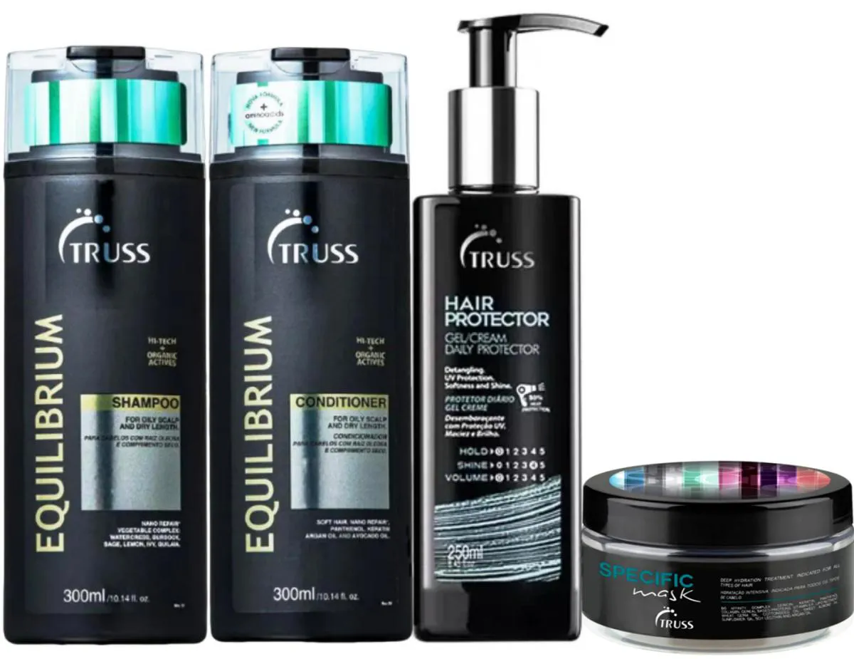 TRUSS EQUILIBRIUM SHAMPOO E CONDICIONADOR 300ML+MáSCARA SPECIFIC+HAIR PROTECTOR