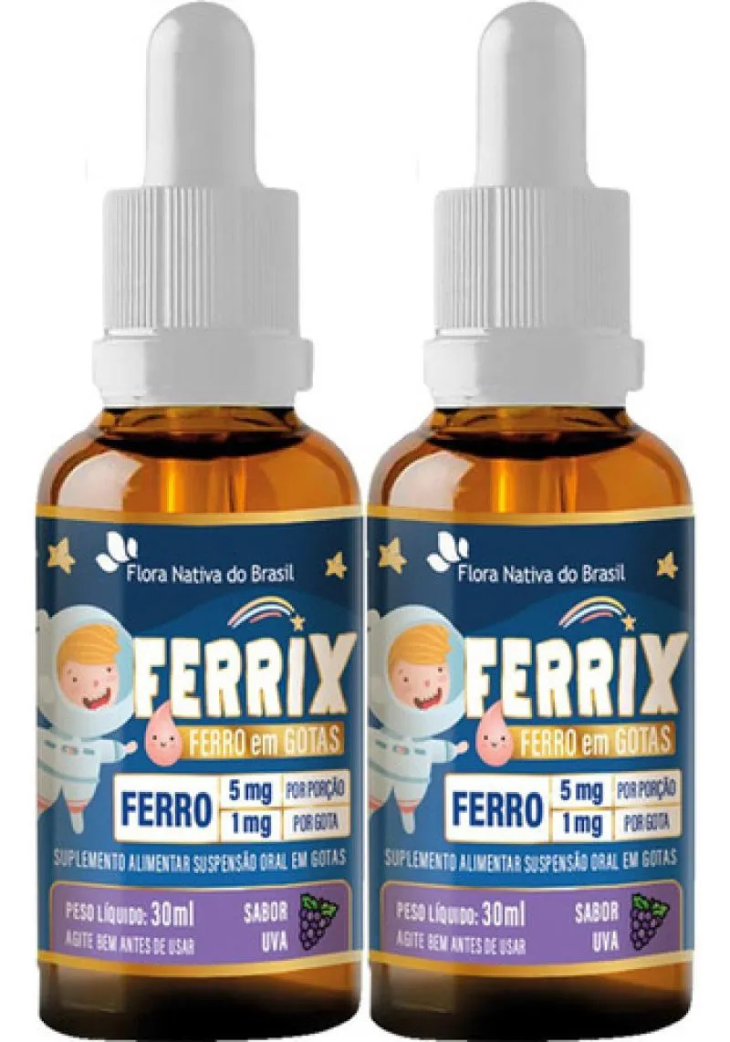 KIT 2 FERRIX KIDS VITAMINA FERRO 30ML SABOR UVA - FLORA NATIVA
