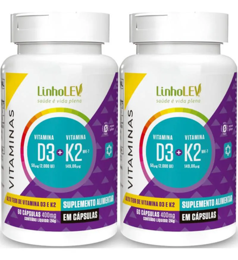 KIT 2 VITAMINA D3 E K2 60 CAPSULAS - LINHO LEV