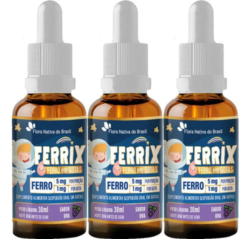 KIT 3 FERRIX KIDS VITAMINA FERRO 30ML SABOR UVA - FLORA NATIVA