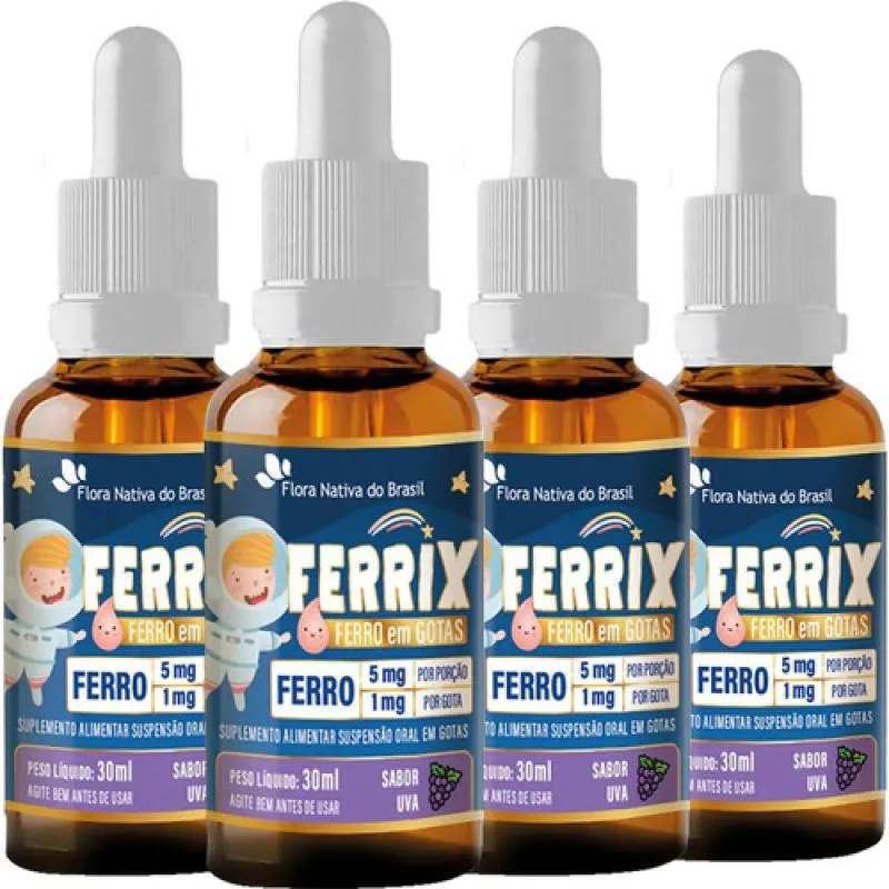 KIT 4 FERRIX KIDS VITAMINA FERRO 30ML SABOR UVA - FLORA NATIVA