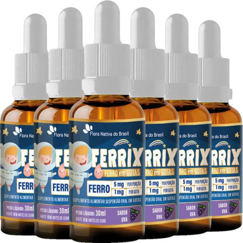 KIT 6 FERRIX KIDS VITAMINA FERRO 30ML SABOR UVA - FLORA NATIVA