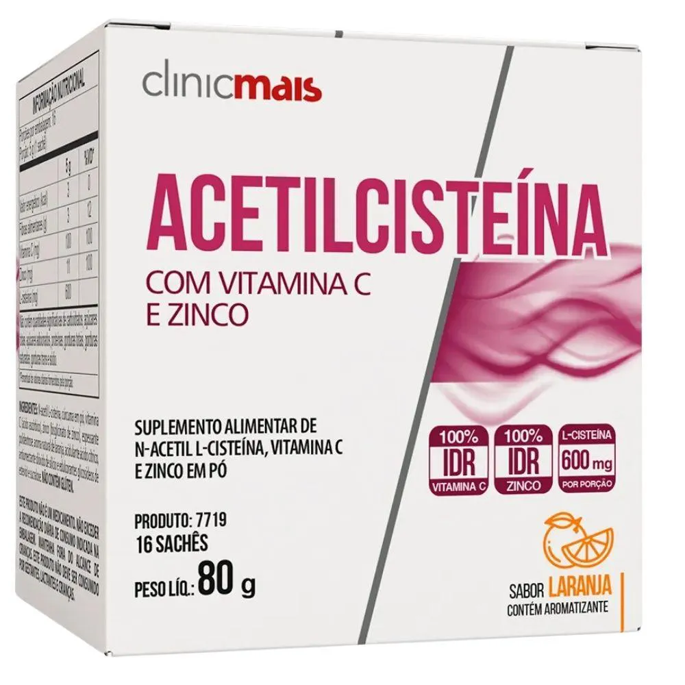 ACETILCISTEíNA COM VITAMINA C E ZINCO 16 SACHêS - CLINICMAIS Laranja