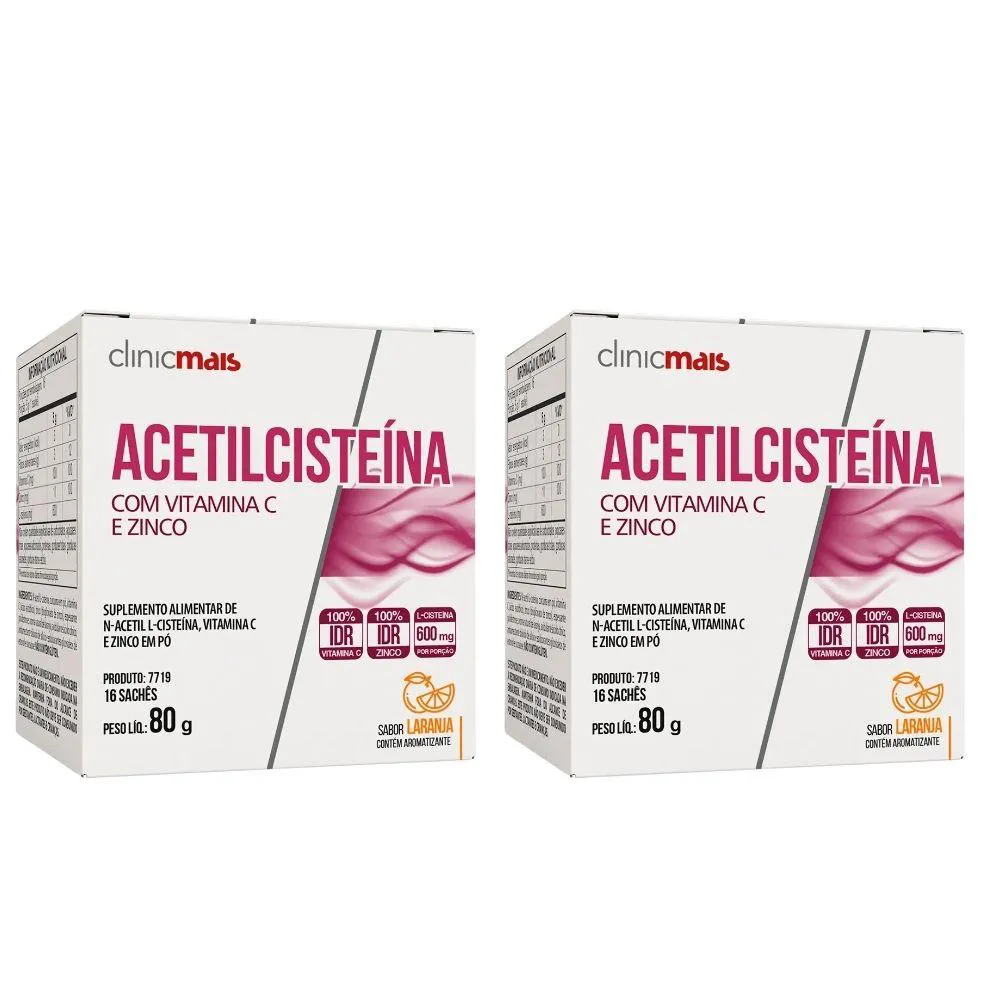 KIT 2X ACETILCISTEíNA COM VITAMINA C E ZINCO 16 SACHêS - CLINICMAIS Laranja