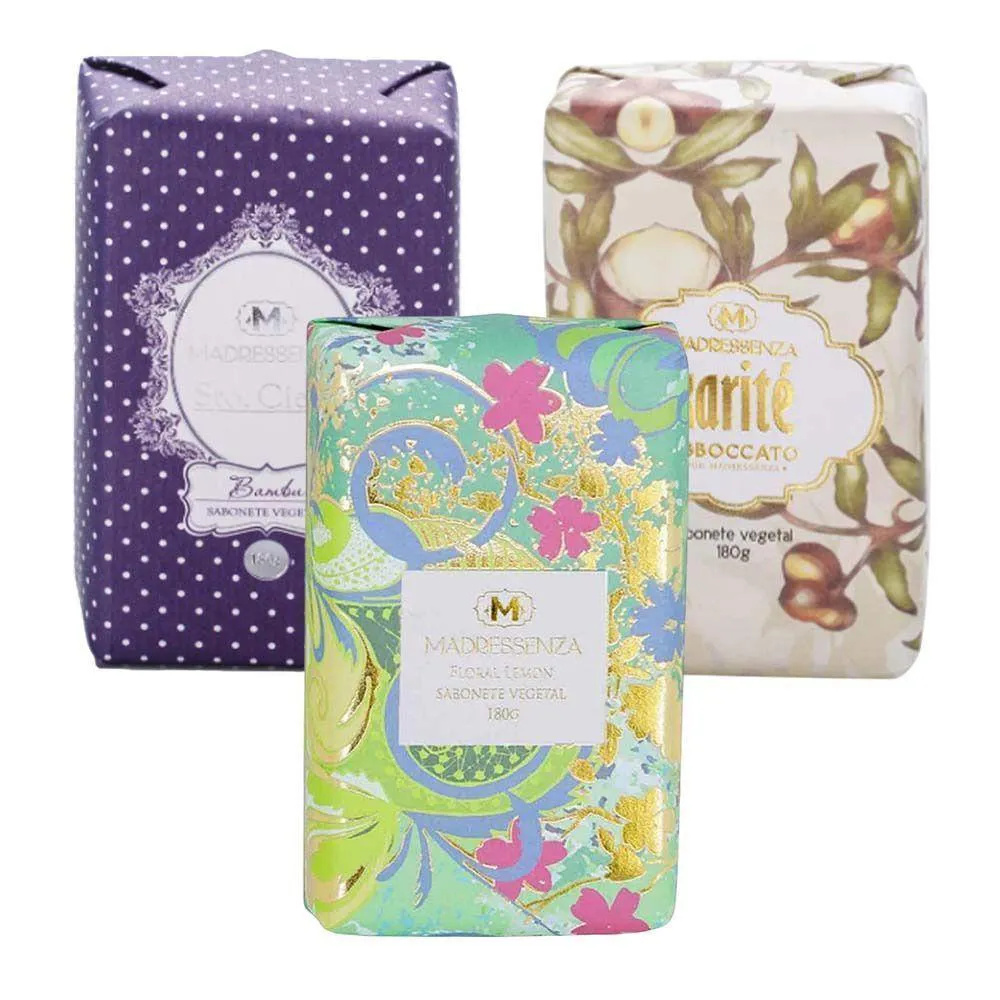 KIT SABONETES VEGETAL EM BARRA BAMBU + KARITé + FLORAL LEMON MADRESSENZA 180G