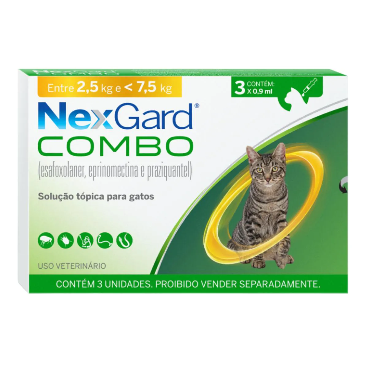ANTIPARASITáRIO NEXGARD COMBO ANTIPULGAS, SARNAS E VERMES PARA GATOS DE 2,5KG A 7,5KG COM 3 PIPETAS