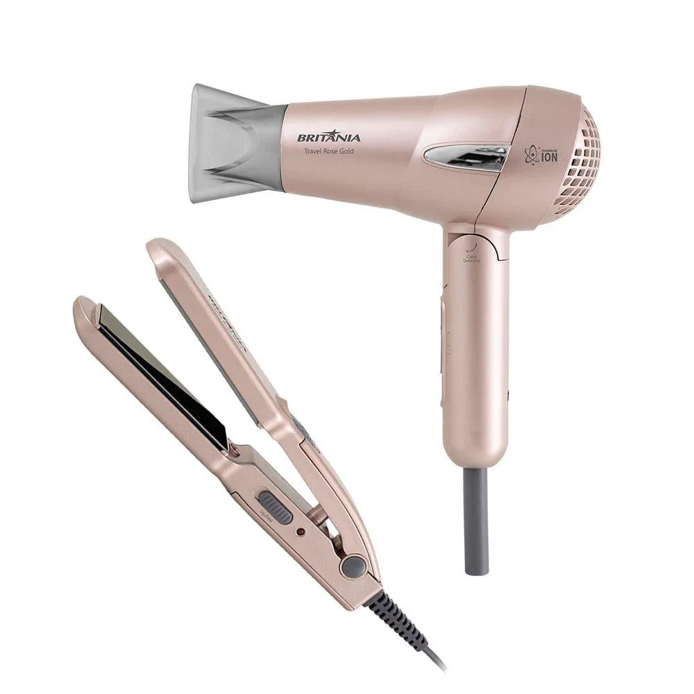 KIT BELEZA BRITâNIA PRANCHA+SECADOR TRAVEL ROSE GOLD, BIVOLT