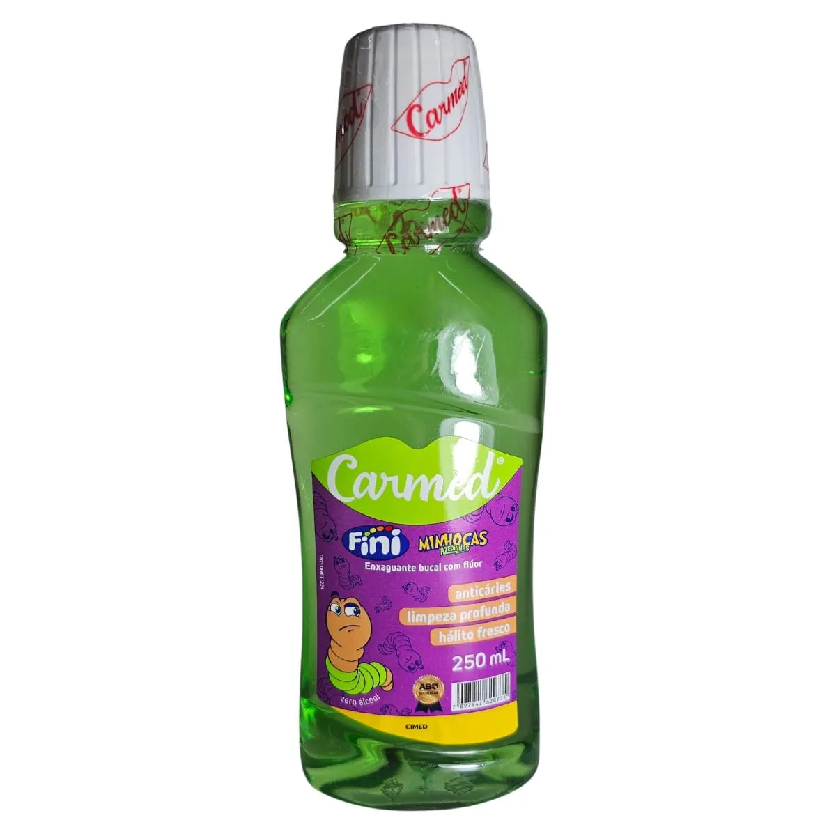 ENXAGUANTE BUCAL MINHOCAS AZEDINHAS COM FLúOR ZERO ÁLCOOL FINI CARMED CIMED 250ML