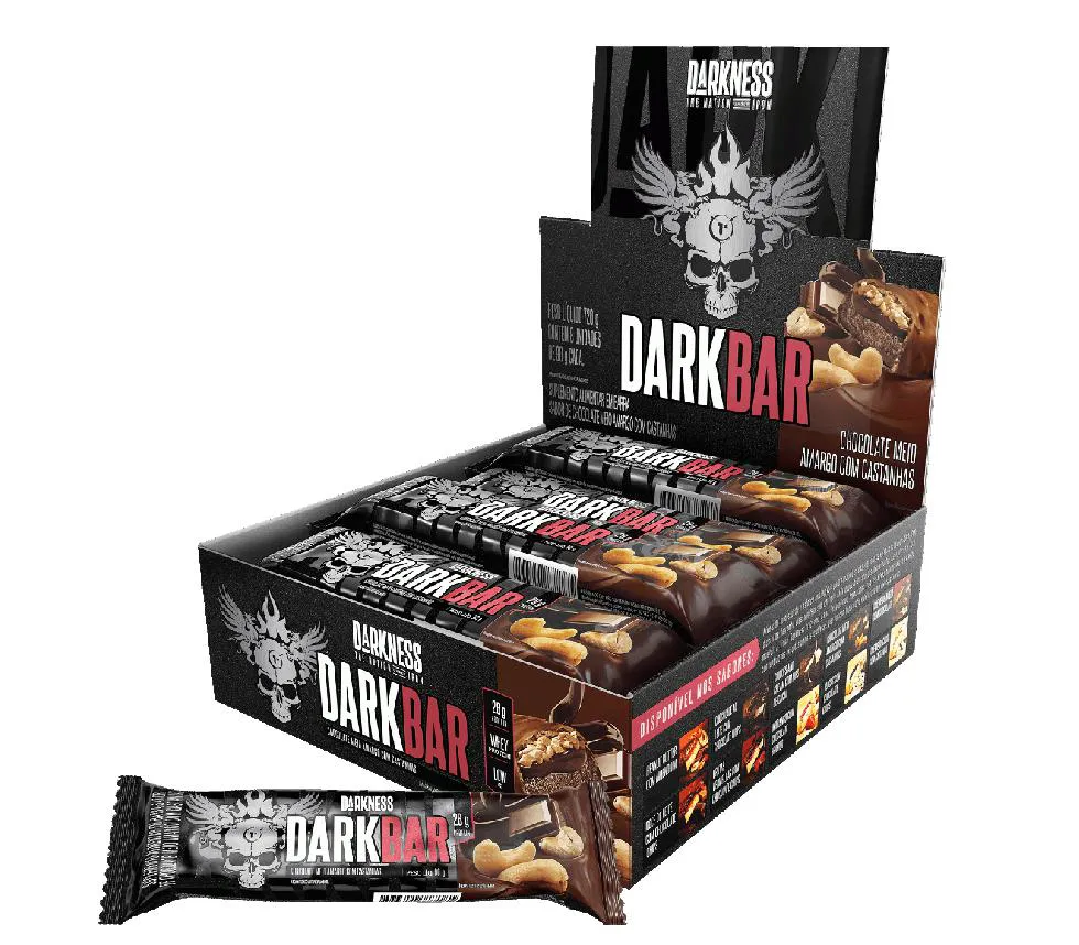 DARK BAR CAIXA 8 UNIDADES (720G) - NOVA EMBALAGEM - SABOR: CHOCOLATE MEIO AMARGO C/ CASTANHAS