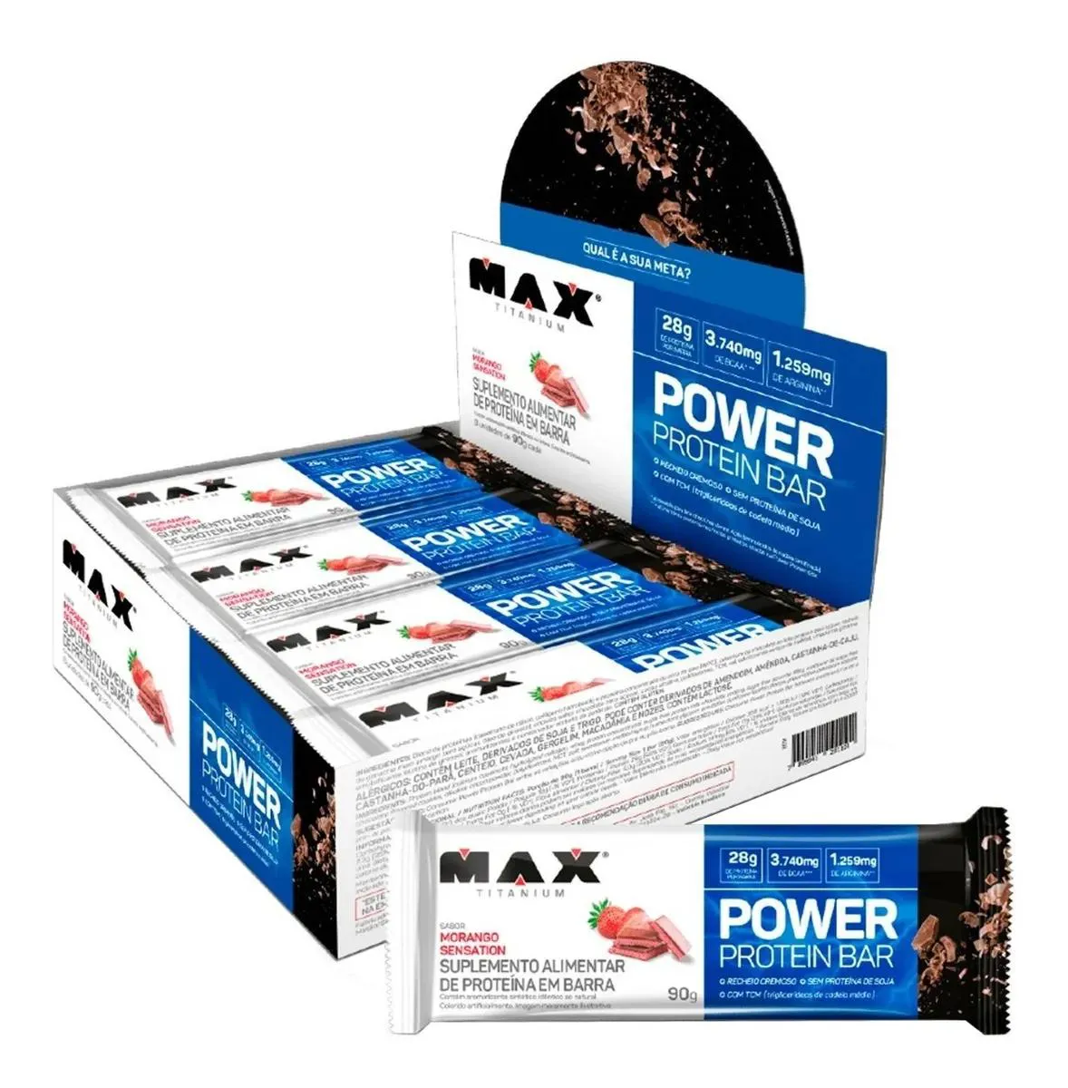 WHEY BAR POWER PROTEIN MORANGO SENSATION 8UN 90G MAX TITANIUM