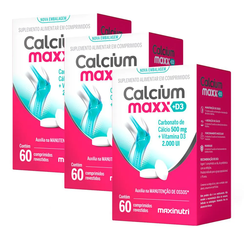 KIT 3 CALCIUM MAXX + D3 E CáLCIO 60 COMPRIMIDOS MAXINUTRI