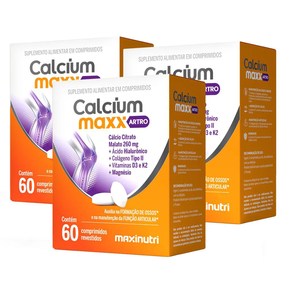 KIT 3 CALCIUM MAXX ARTRO CáLCIO CITRATO MALATO MAXINUTRI