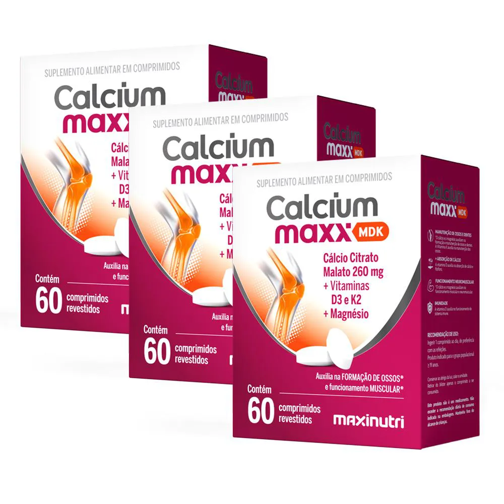 KIT 3 CALCIUM MAXX MDK CáLCIO CITRATO MALATO 260MG MAXINUTRI