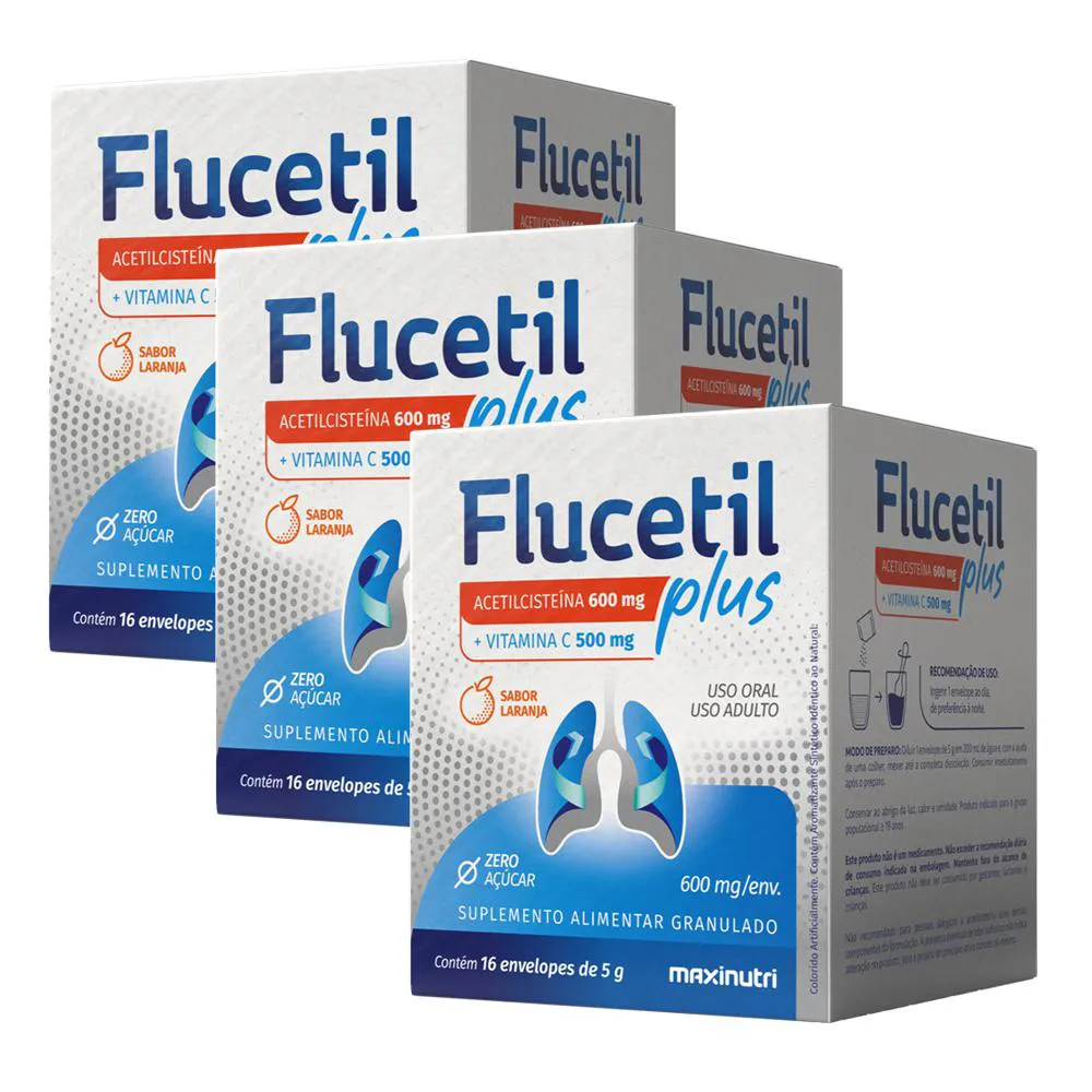 KIT 3 FLUCETIL PLUS + VIT C 500MG SACHê GRANULADO 16X5G MAXINUTRI