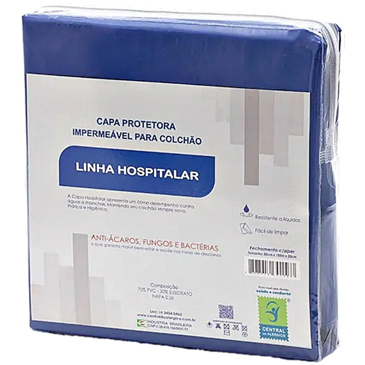CAPA IMPERMEáVEL COLCHãO SOLTEIRO NAPA HOSPITALAR 90CMX1,90MX20CM ZíPER