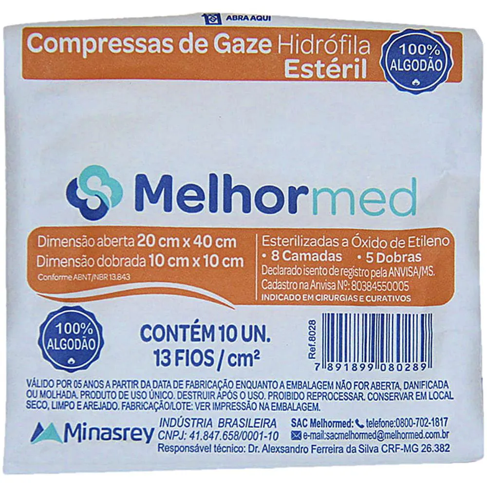 COMPRESSA GAZE MELHORMED ESTéRIL 13 FIOS 10X10CM - 10 GAZES