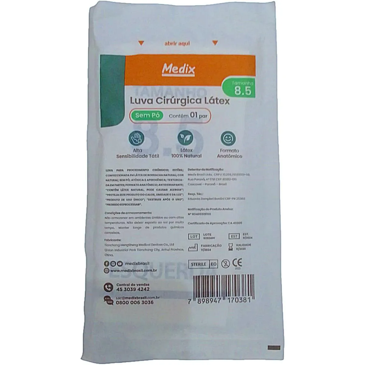 LUVA CIRúRGICA MEDIX 8.5 ESTéRIL DE LáTEX SEM Pó - PAR