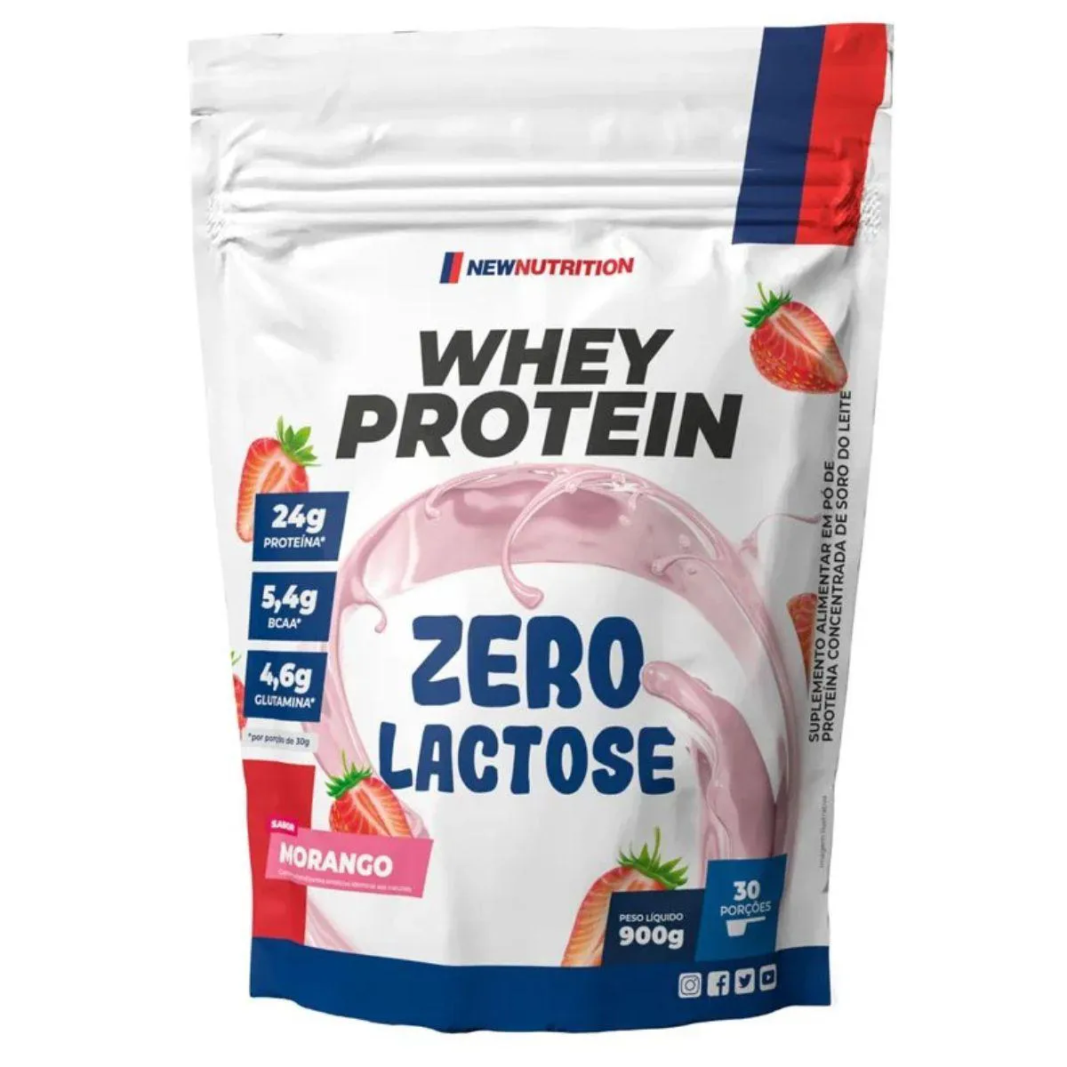 100% WHEY PROTEIN ZERO LACTOSE 900G NATURAL NEW NUTRITION Morango