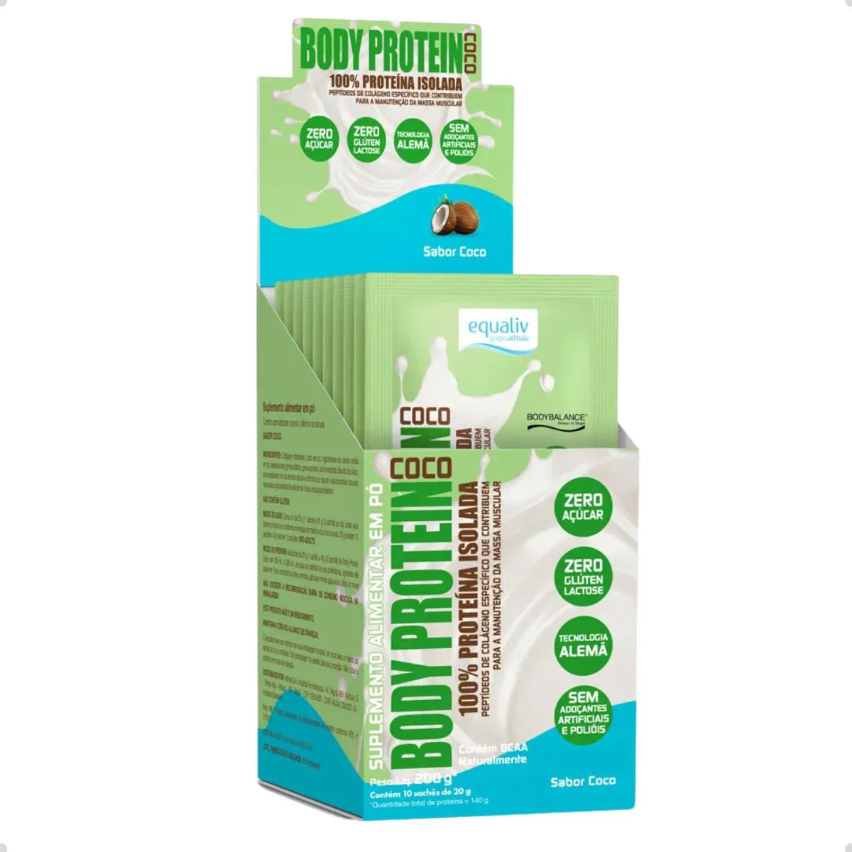 BODY PROTEIN 100% ISOLADO CAIXA 10 SACHêS 20G EQUALIV Coco