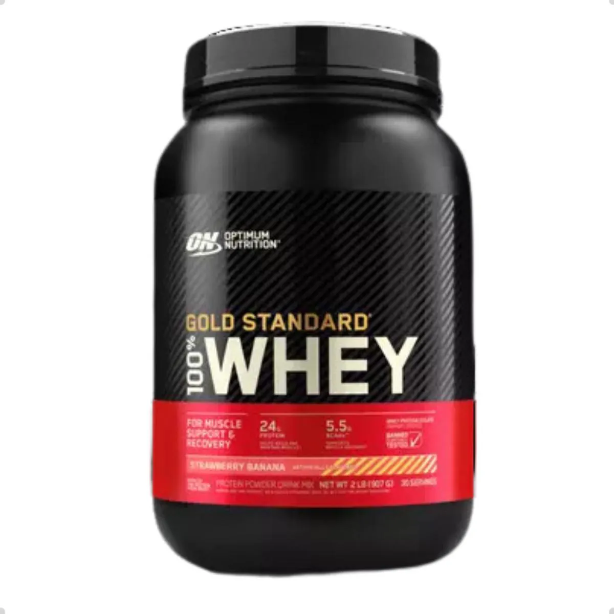 100% WHEY GOLD PROTEIN NEW 907G 2 LBS OPTIMUM NUTRITION Banana COM Morango
