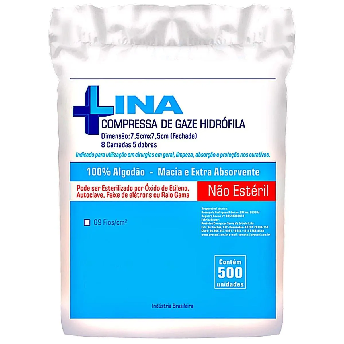 COMPRESSA GAZE HIDRóFILA LINA 9FIOS 7.5X7.5CM - 500 UNIDADES