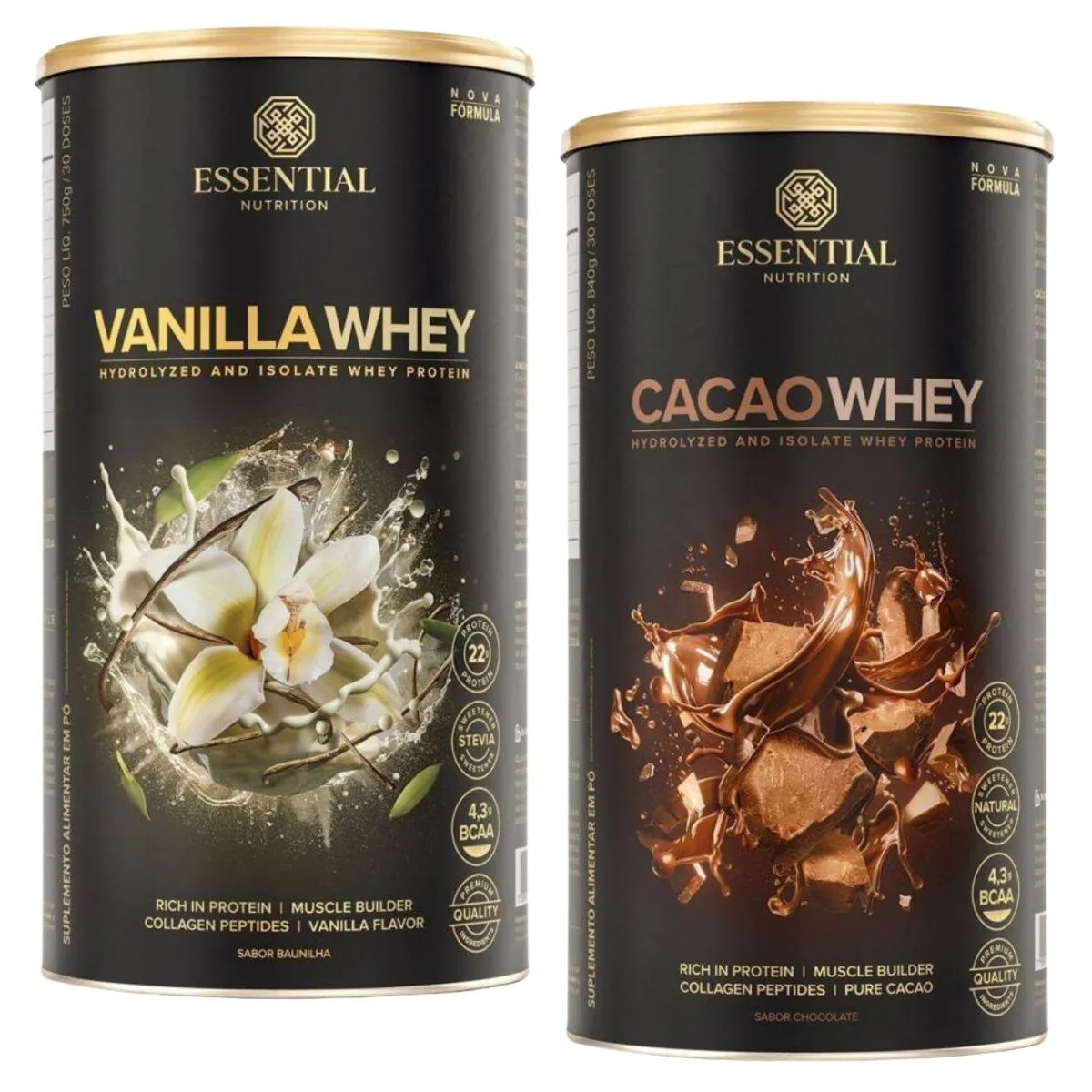 KIT 2X WHEY PROTEIN CACAO OU VANILLA 750G ESSENTIAL Cacao E Baunilha