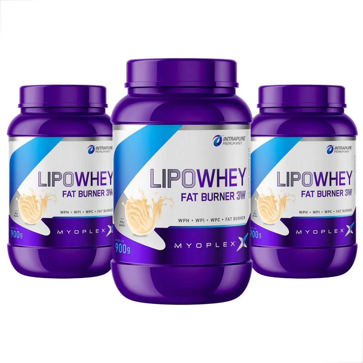 KIT 3 LIPO WHEY FAT BURNER 3W PREMIUM 900G MYOPLEX Baunilha
