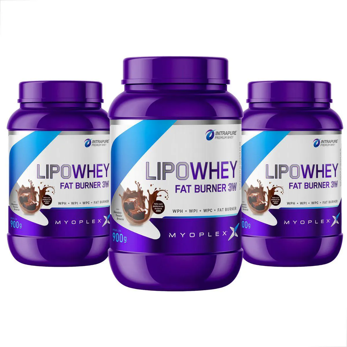KIT 3 LIPO WHEY FAT BURNER 3W PREMIUM 900G MYOPLEX Chocolate COM Brownie