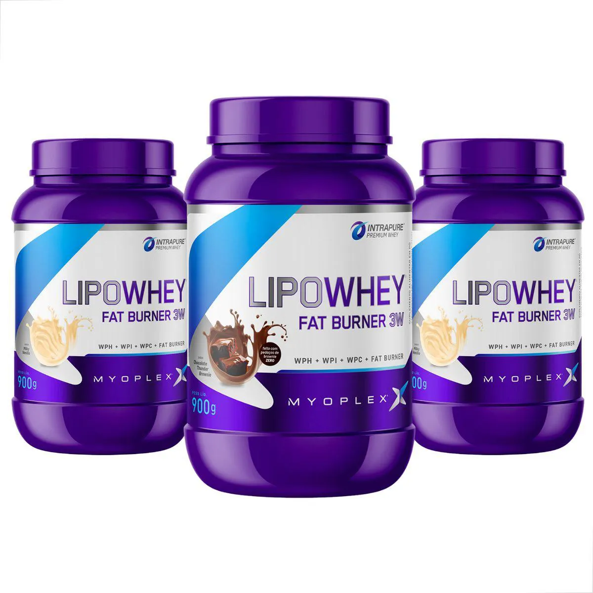 KIT 3 LIPO WHEY FAT BURNER 3W PREMIUM 900G MYOPLEX 2 Baunilha E 1 Chocolate