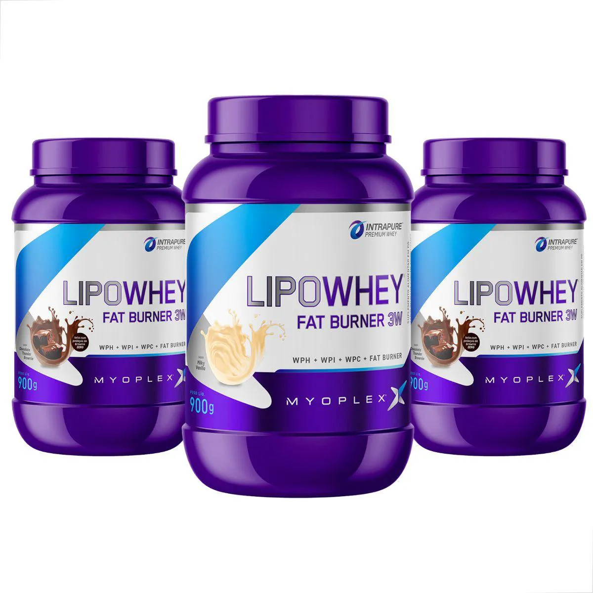 KIT 3 LIPO WHEY FAT BURNER 3W PREMIUM 900G MYOPLEX 2 Chocolate E 1 Baunilha