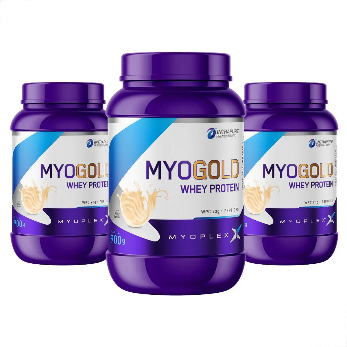 KIT 3 MYO GOLD WHEY PROTEIN PREMIUM POTE 900G MYOPLEX Baunilha