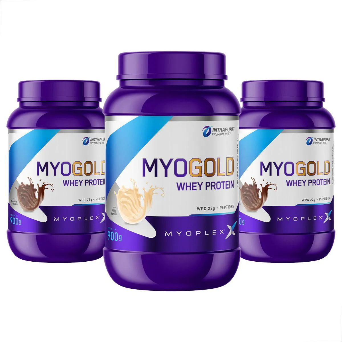 KIT 3 MYO GOLD WHEY PROTEIN PREMIUM POTE 900G MYOPLEX 2 Chocolate E 1 Baunilha