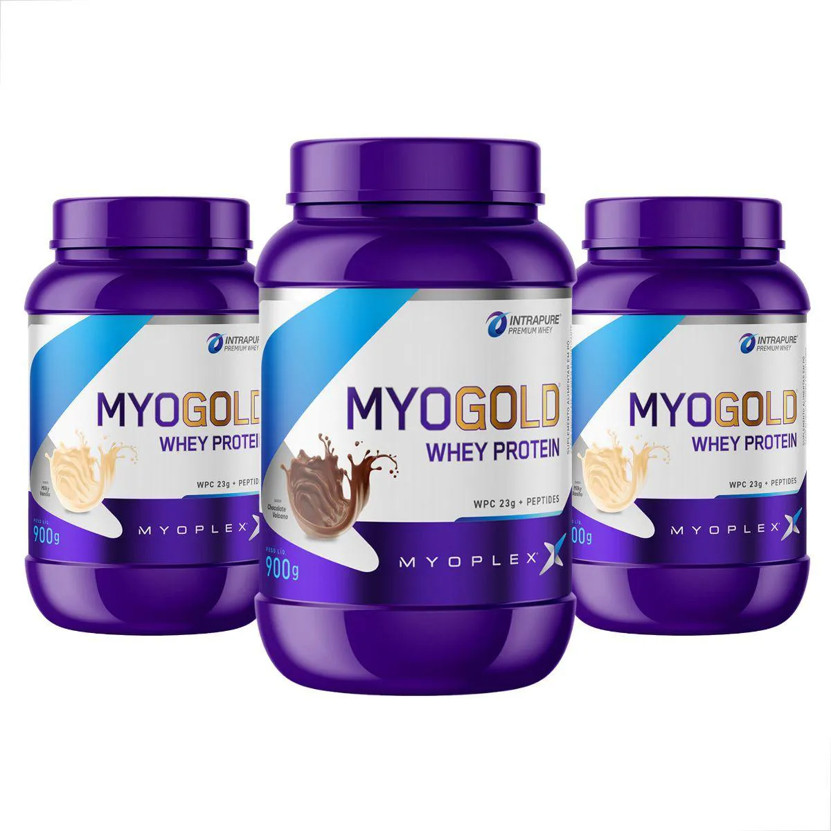 KIT 3 MYO GOLD WHEY PROTEIN PREMIUM POTE 900G MYOPLEX 2 Baunilha E 1 Chocolate