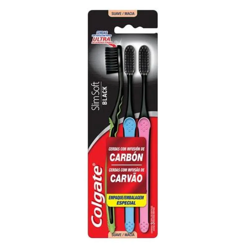 ESCOVA DENTAL COLGATE SLIMSOFT BLACK PACK COM 3 UND
