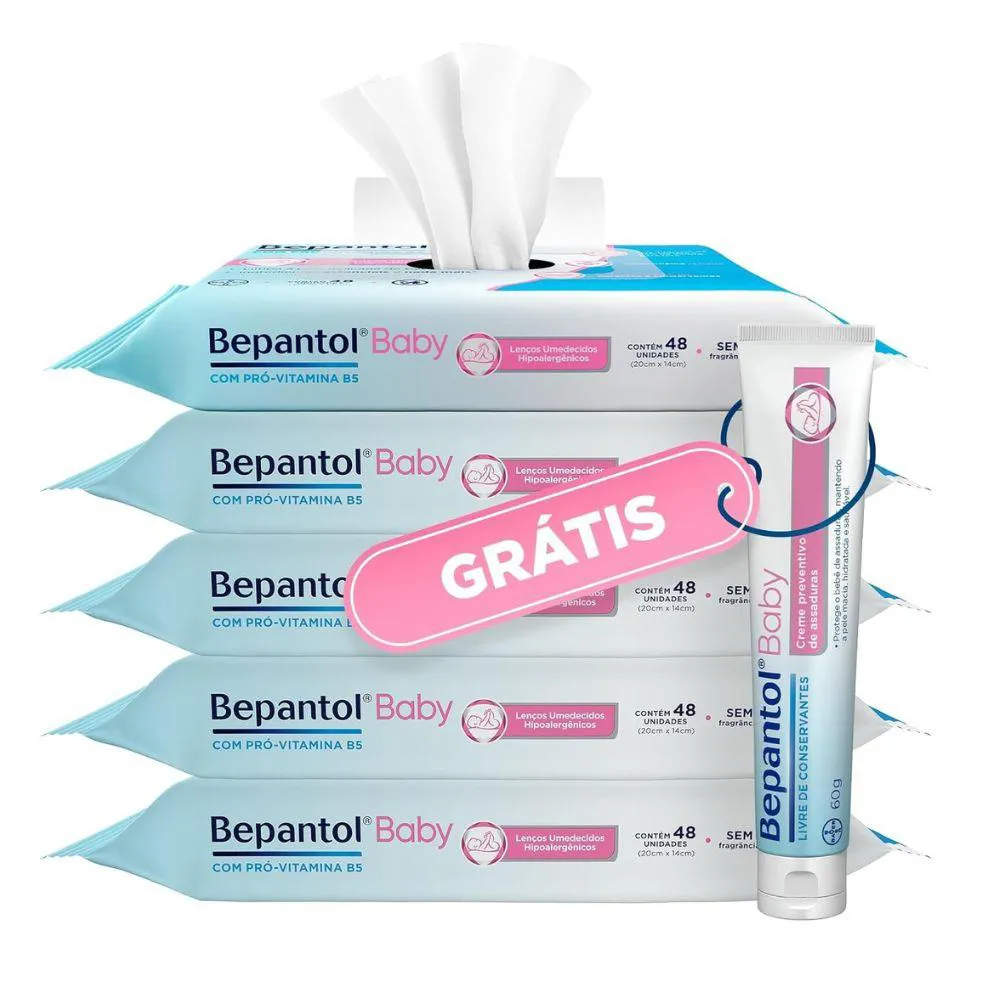 KIT 5 LENçOS UMEDECIDO 240UND + POMADA ASSADURA 60G BEPANTOL