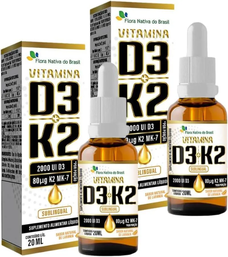 KIT COM 02 - VITAMINA D3 + K2 EM GOTAS SABOR LARANJA 20ML FLORA NATIVA