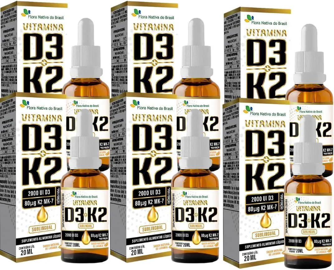 KIT COM 06 - VITAMINA D3 + K2 EM GOTAS SABOR LARANJA 20ML FLORA NATIVA