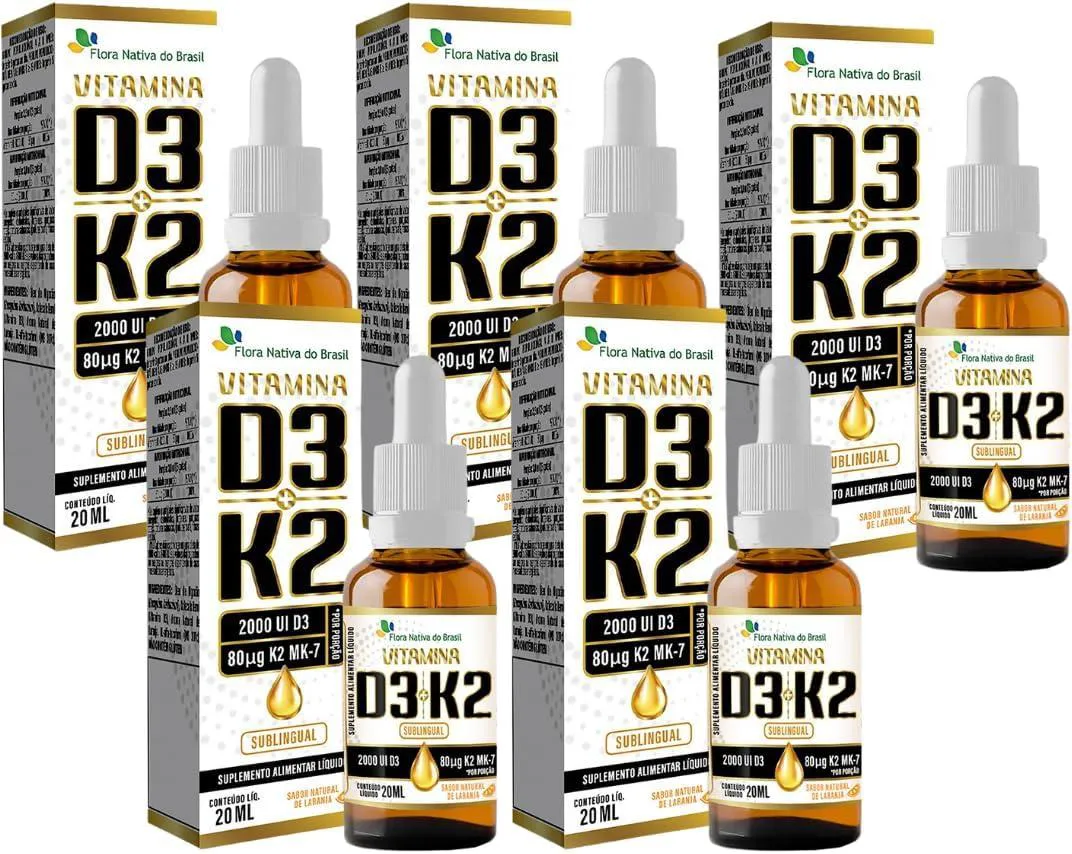 KIT COM 05 - VITAMINA D3 + K2 EM GOTAS SABOR LARANJA 20ML FLORA NATIVA