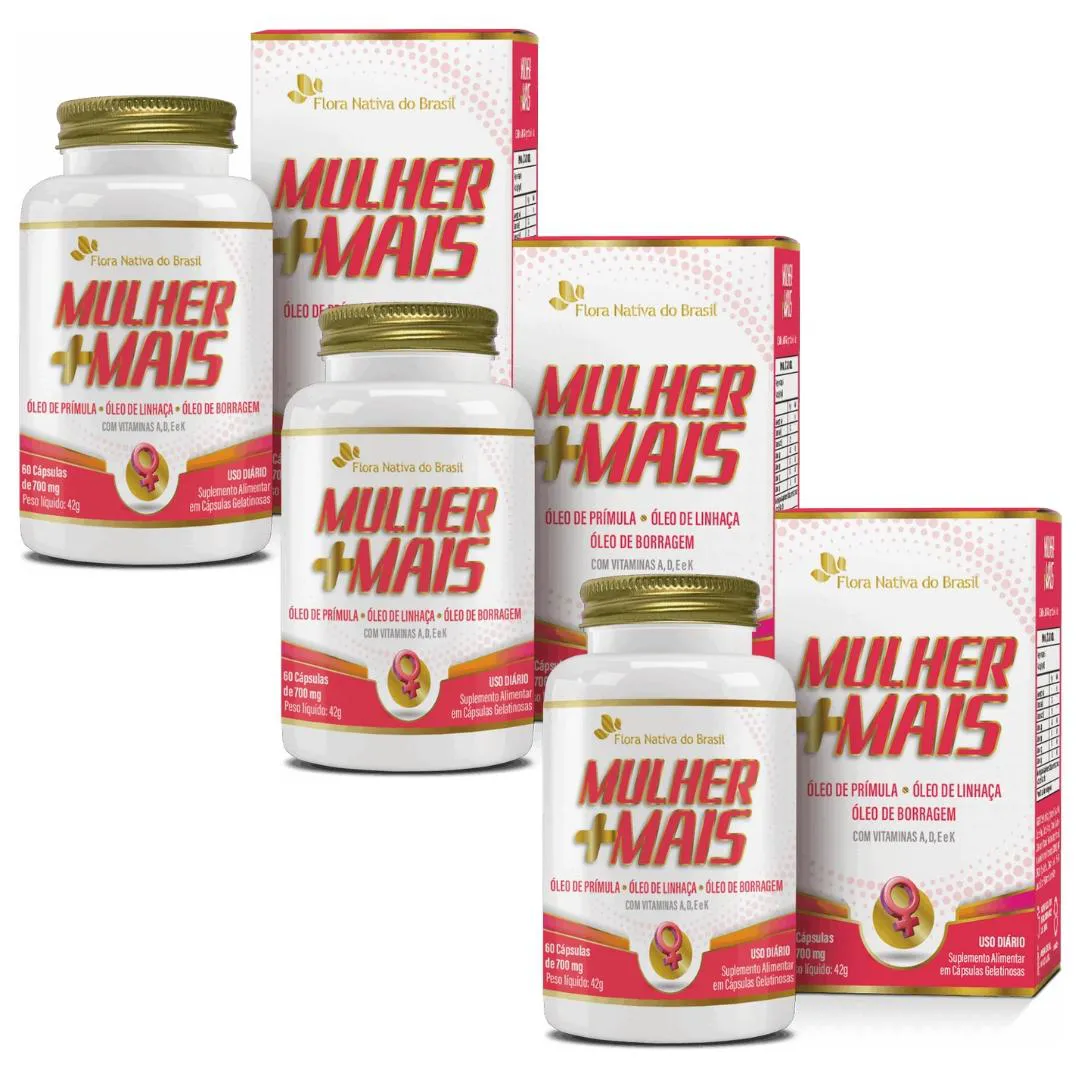 KIT 3X MULHER +MAIS (PRíMULA, LINHAçA, BORRAGEM + VIT ADEK) 60 CáPSULAS FLORA NATIVA