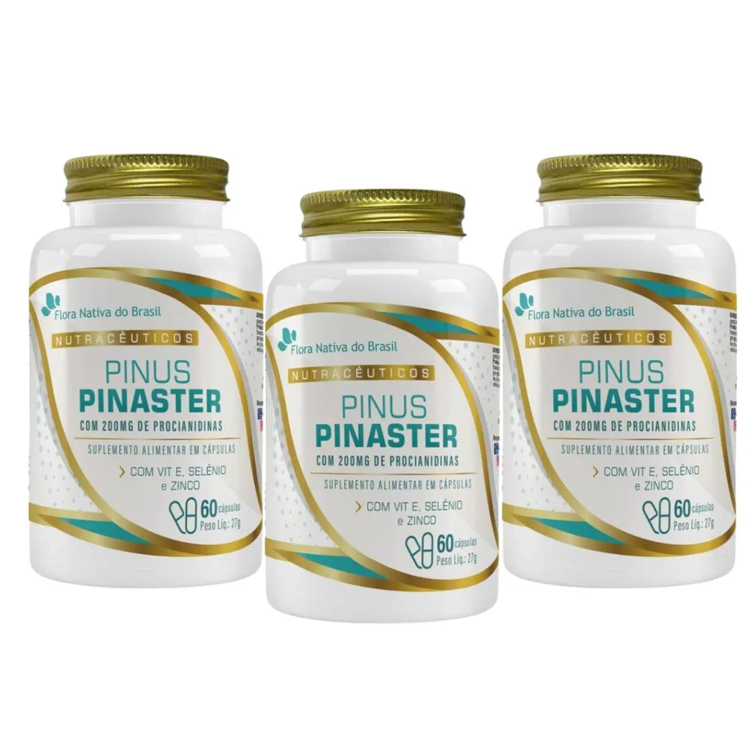 KIT 3X PINUS PINASTER 200MG + VIT E, SELêNIO E ZINCO 60 CáPSULAS FLORA NATIVA