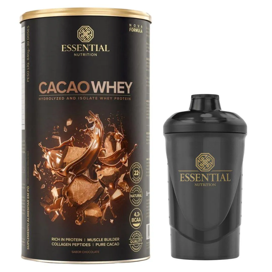 CACAO WHEY 840G - ESSENTIAL NUTRITION - BRINDE COQUETELERA